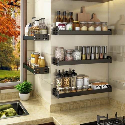 厨房调料架子免打孔黑色太空铝多功能用品调味盒收纳壁挂式置物架