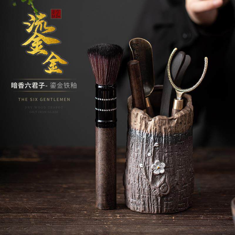 日式粗陶茶道六君子 鎏金鎏银工艺 茶夹养壶笔陶瓷功夫茶道配件