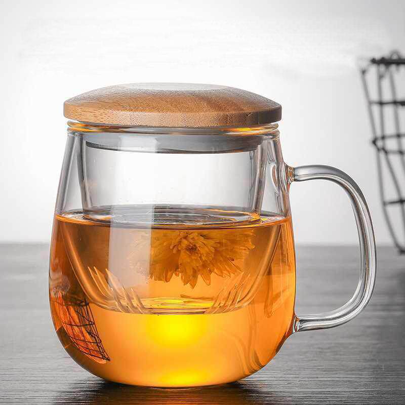 玻璃茶杯木盖带把茶水分离泡茶杯加厚透明水杯高硼硅耐热玻璃杯