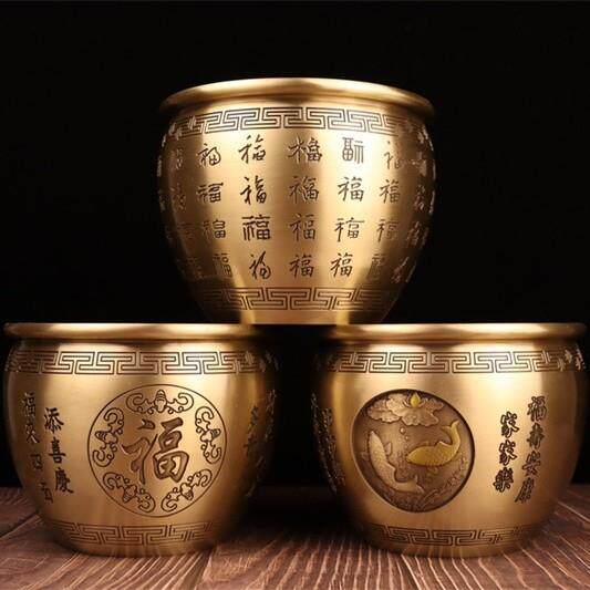 铜缸摆件黄铜百福缸福字缸年年有余缸摆件水缸摆件铜聚宝盆缸