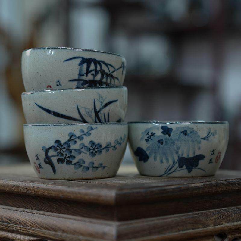 亦紫陶茶具茶碗 粗陶茶杯 手工手绘茶盏普洱杯 青花品茗杯小缸杯
