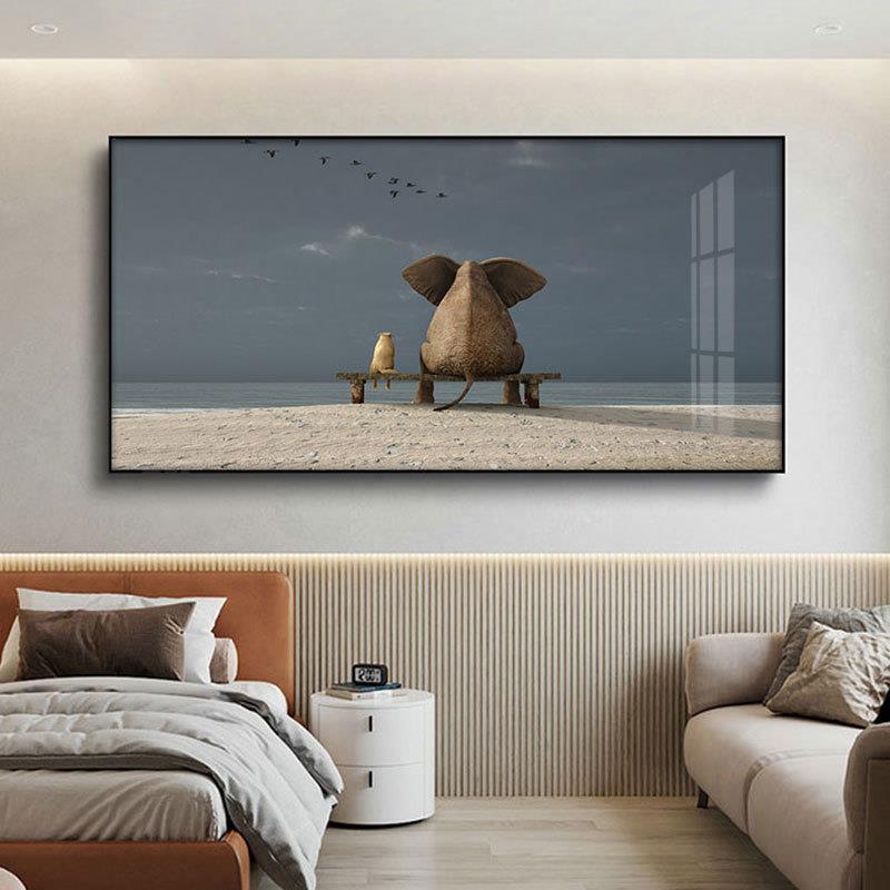 北欧客厅装饰画现代简约卡通动物大象背景墙挂画卧室床头玄关壁画
