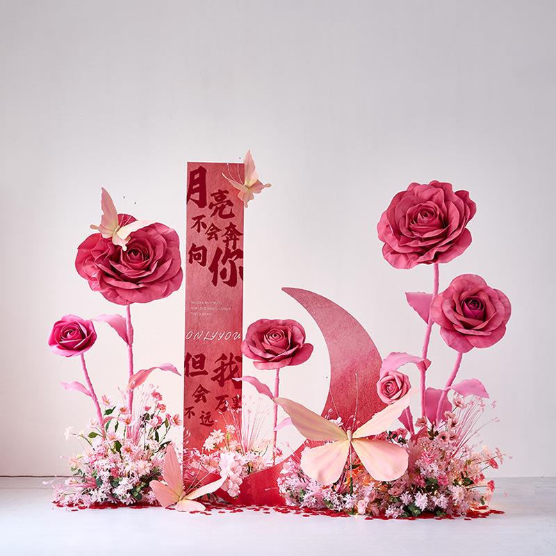 谷灵易生仿真花背景墙装饰场景订婚粉色巨型超大玫瑰花纸花蝴蝶