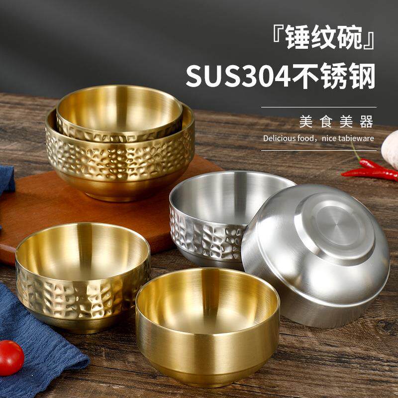 304不锈钢餐厅家用儿童汤碗泡面碗双层隔热创意锤纹碗餐具 韩式碗