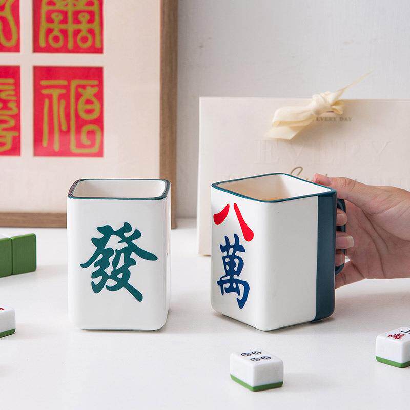 创意新品麻将好运造型陶瓷杯中式马克杯复古设计礼品杯咖啡杯水杯