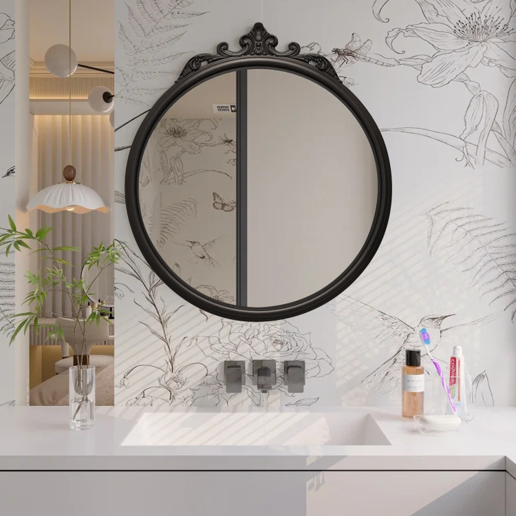 法式复古圆形浴室镜壁挂雕花边框黑色卫浴镜卫生间化妆镜