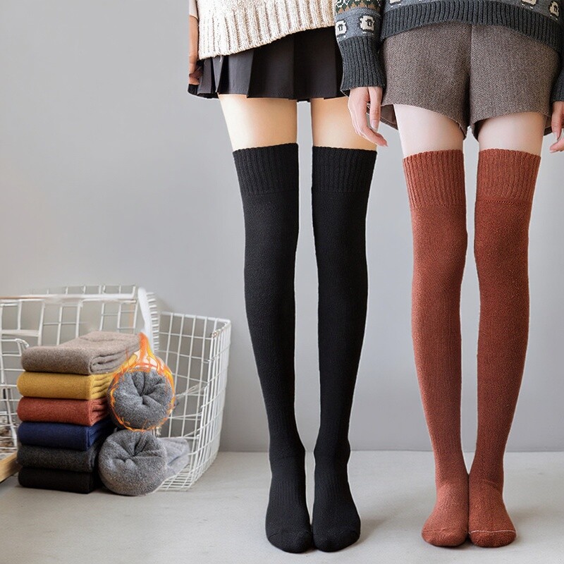 中筒过膝袜女秋冬短靴叠穿堆堆靴子袜子灰色高筒过膝盖大长腿黑色