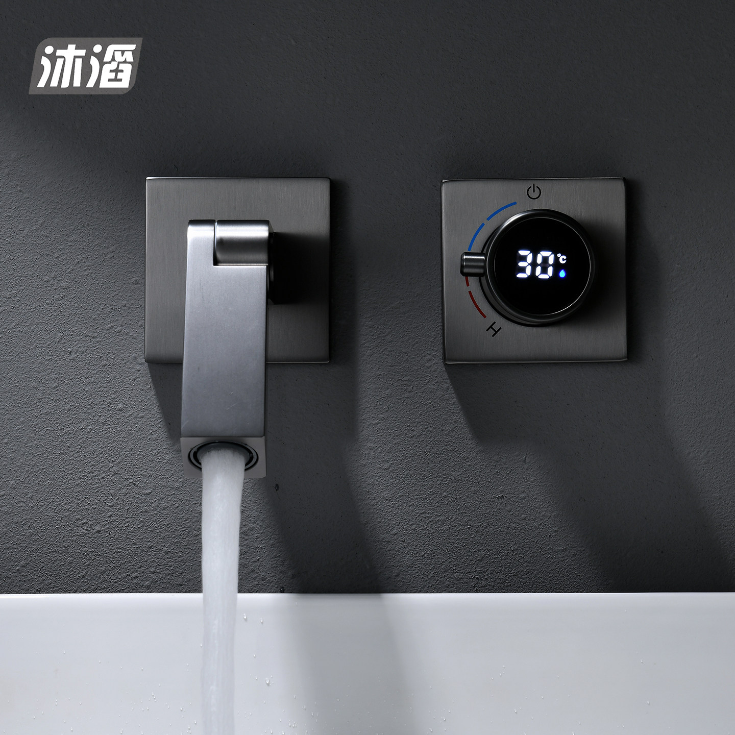 沐滔枪灰色暗装面盆水龙头热熔入墙式冷热水数显水龙头全铜墙出水
