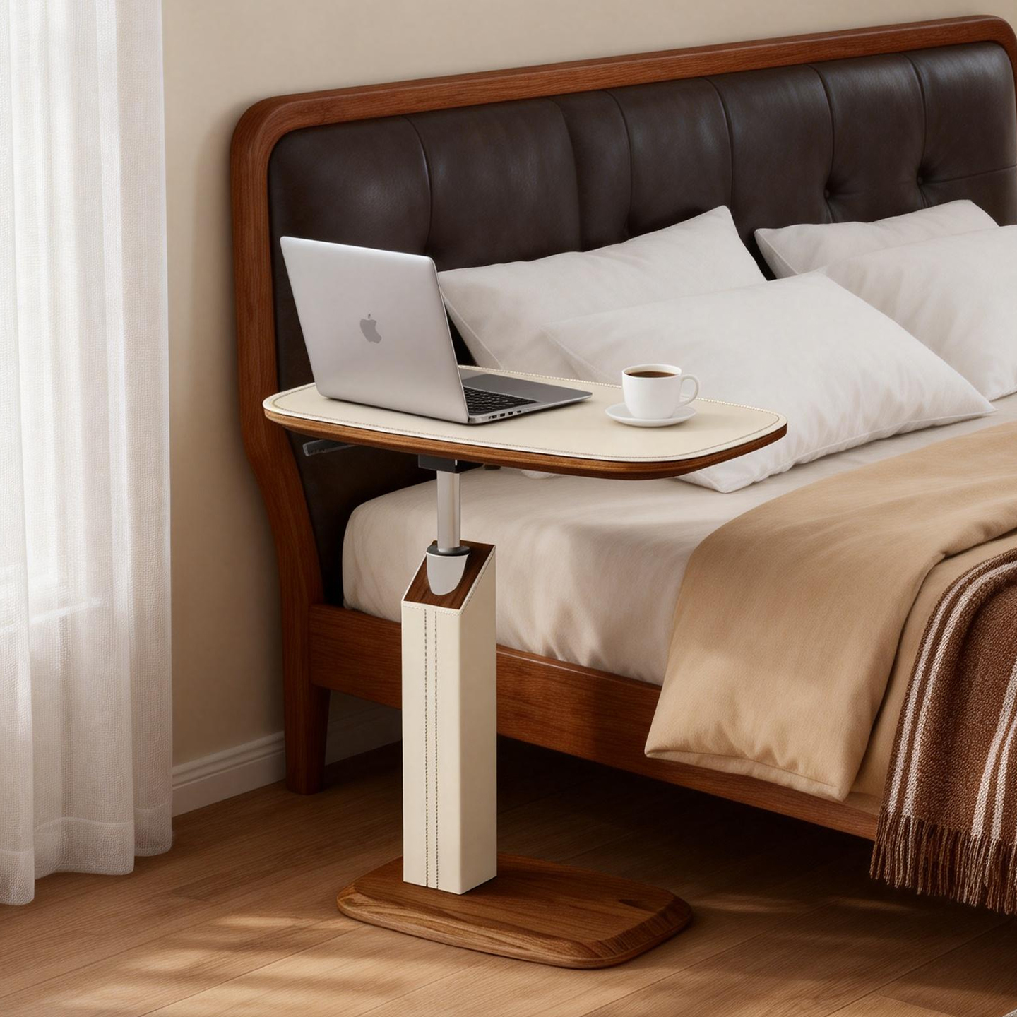 耶特升降旋转马鞍皮奶油风床边桌