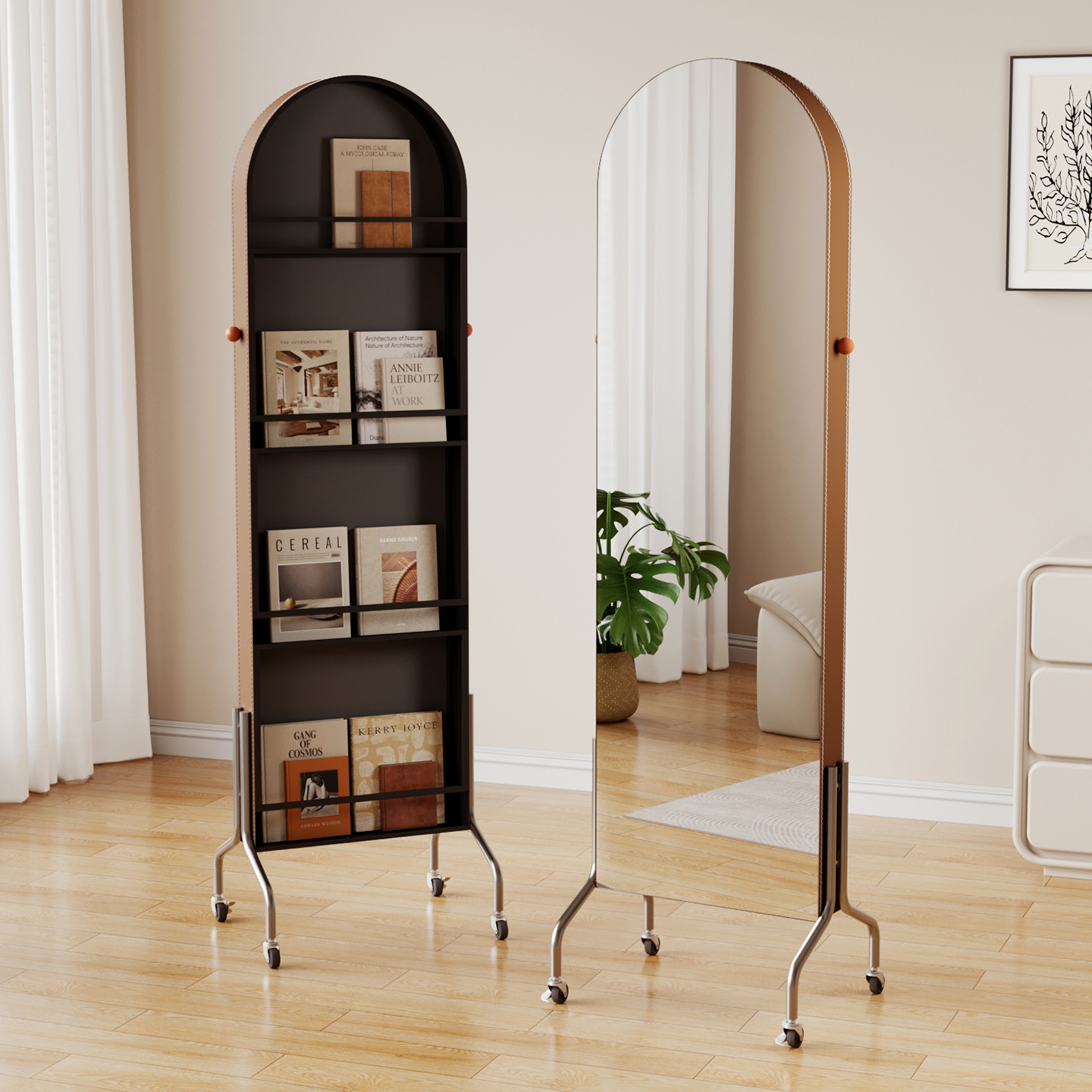 耶特马鞍皮全身镜移动收纳杂志架