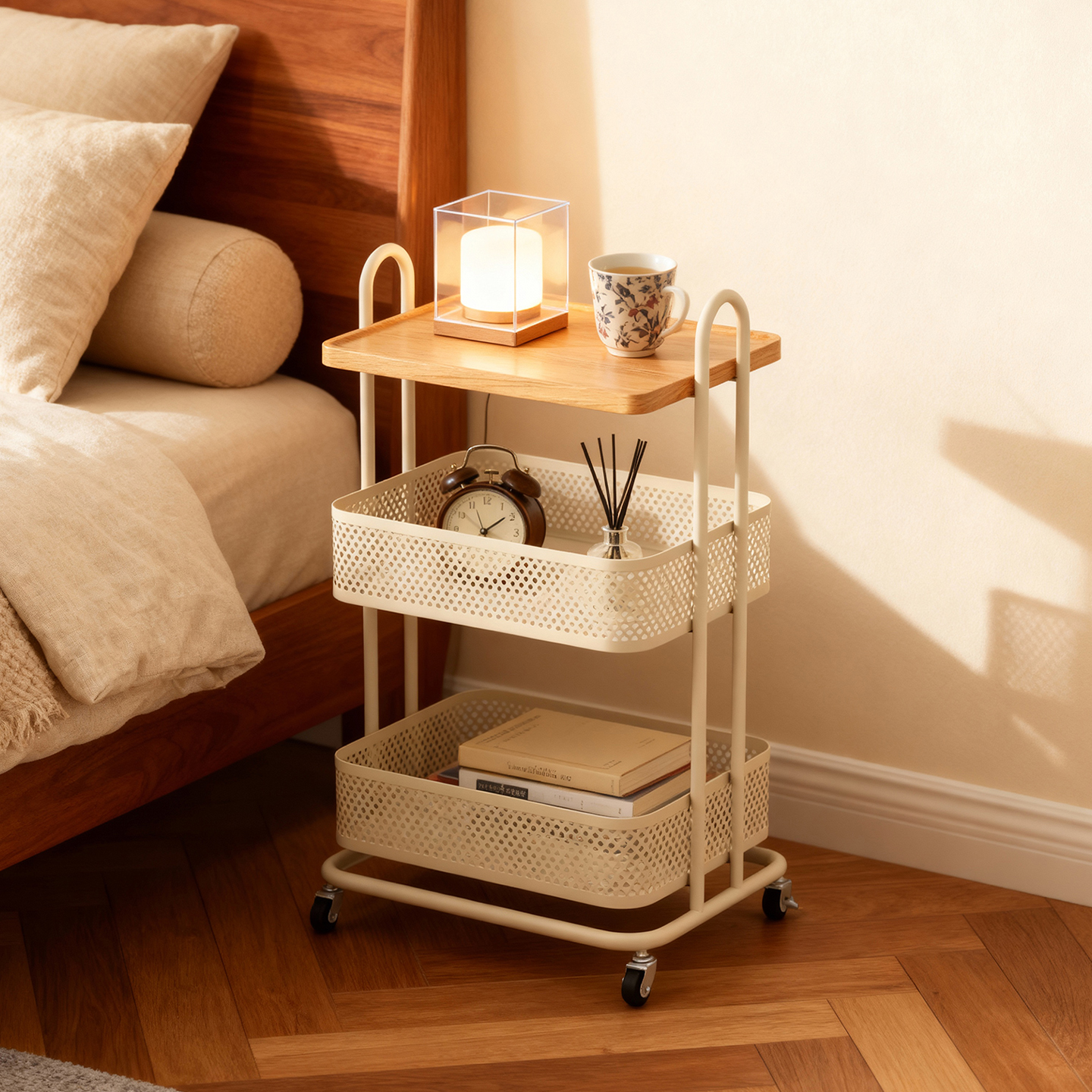 耶特可移动卧室铁艺奶油风床头柜