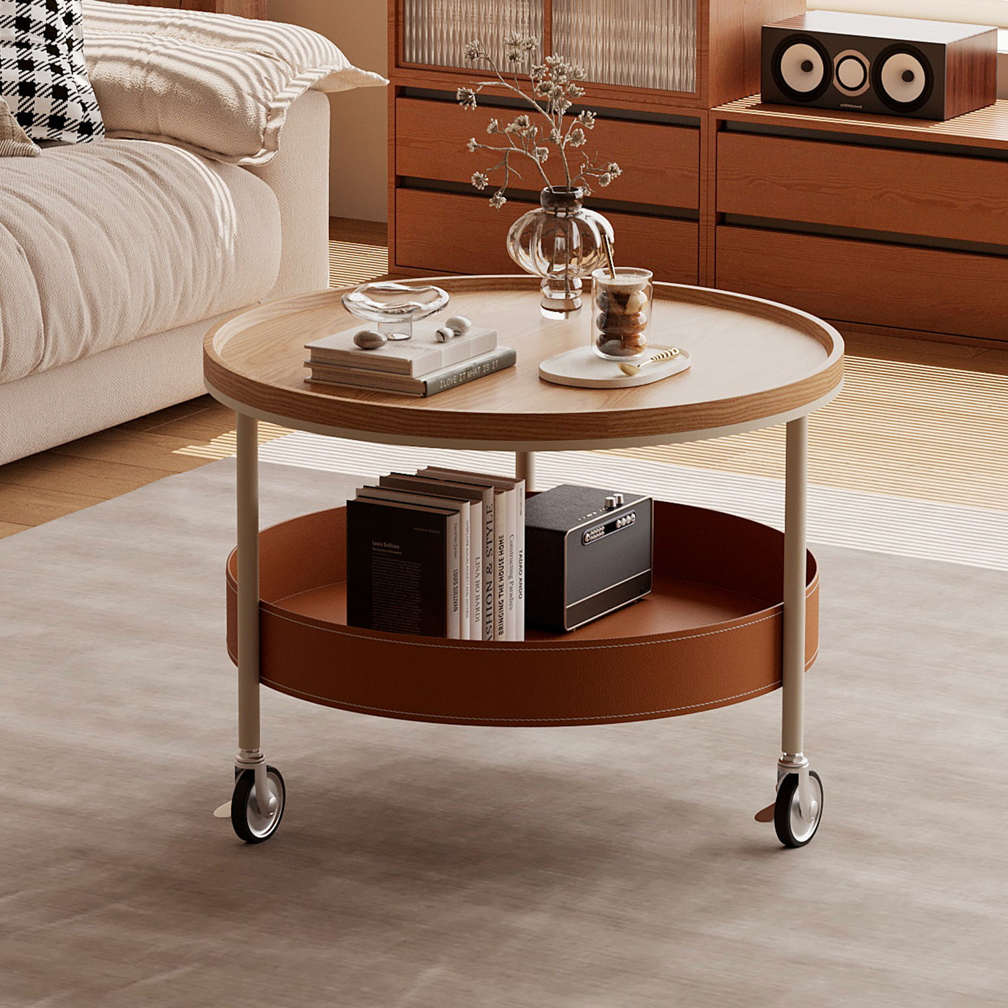 耶特小户型可移动马鞍皮铁艺茶几