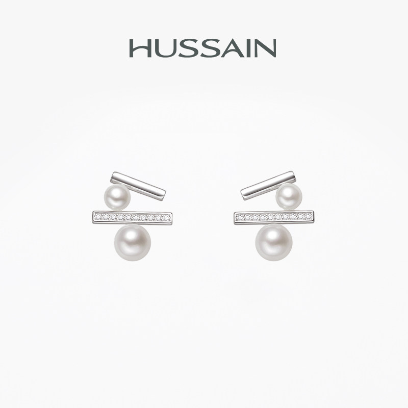 赫生HUSSAIN渐倾淡水珍珠耳钉原创设计纯银独特漂亮耳环轻奢耳饰图片