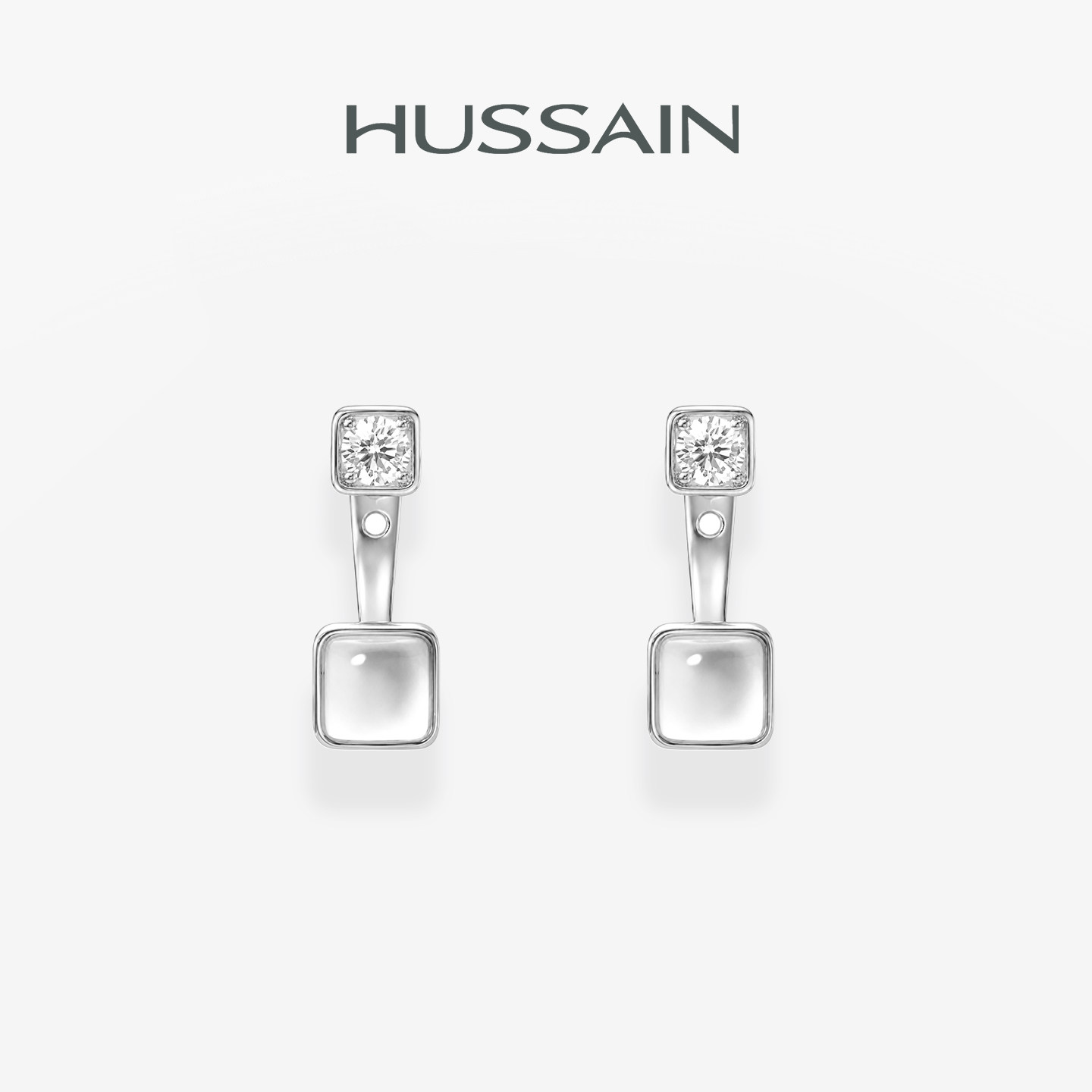 赫生HUSSAIN冰糖悬浮白水晶耳钉几何方形冰透耳饰女独特漂亮耳环图片