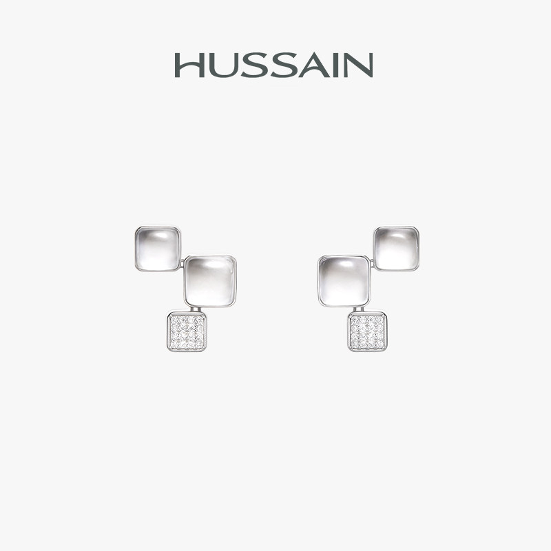 赫生HUSSAIN冰糖白水晶耳钉原创设计几何方形冰透耳环防过敏耳饰