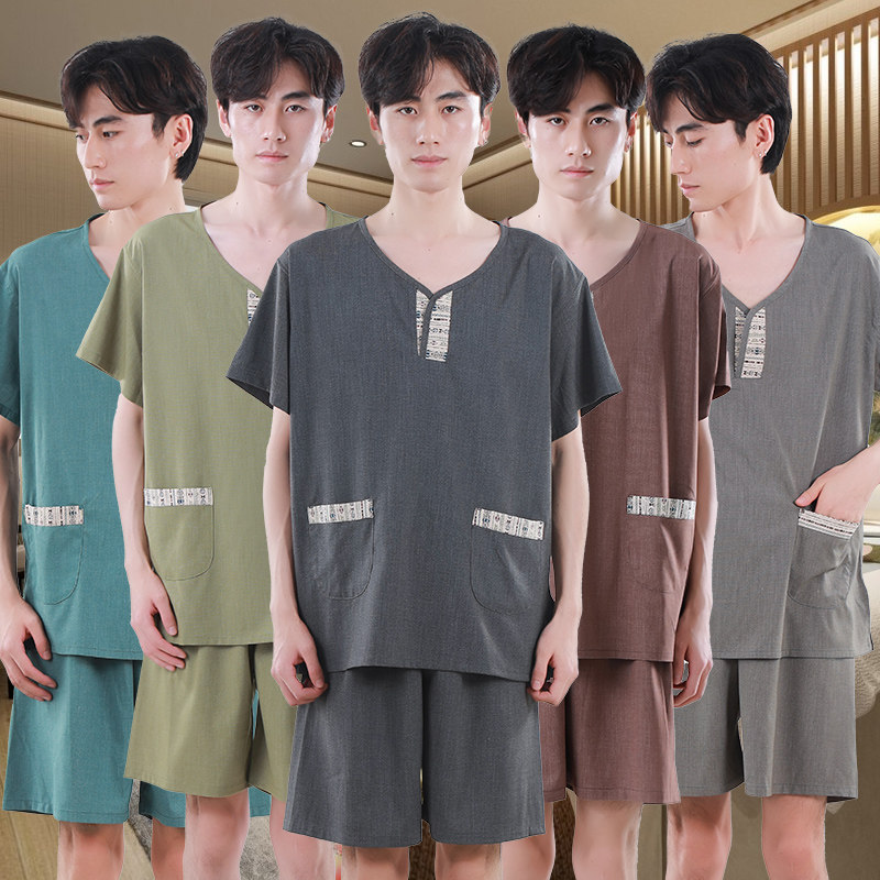 汗蒸服苎麻情侣洗浴中心浴服桑拿服男款特大码足疗服开叉按摩短裤