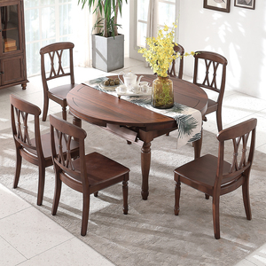 美式实木圆形餐桌复古餐桌椅组合饭桌可伸缩折叠可变圆桌家用家具
