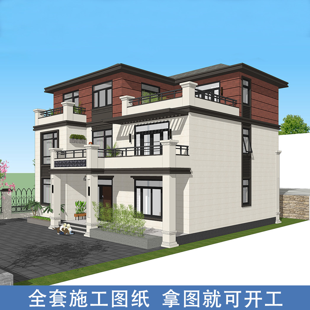 新农村三层网红中式别墅设计图乡村自建房屋中式盖房效果图施工图