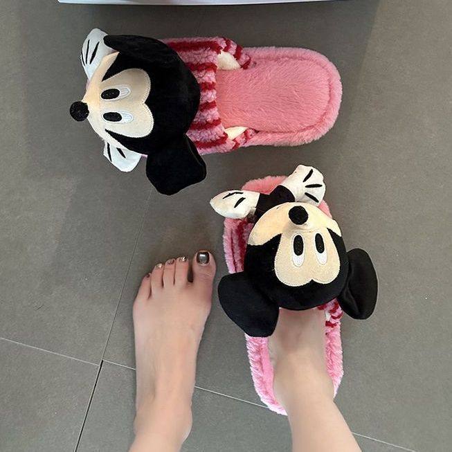 时尚可爱条纹卡通大头毛毛拖鞋女2025冬季新款懒人拖鞋一字拖棉鞋