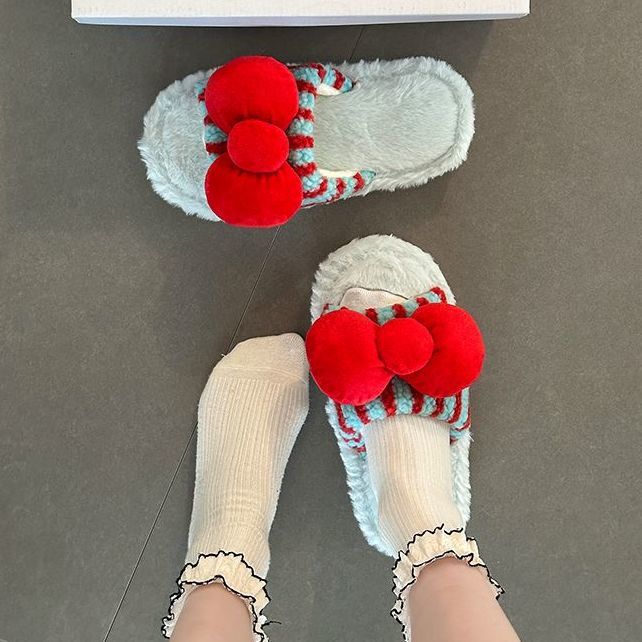时尚可爱卡通条纹蝴蝶结毛毛拖鞋女2025秋冬新款外穿一字棉拖鞋子