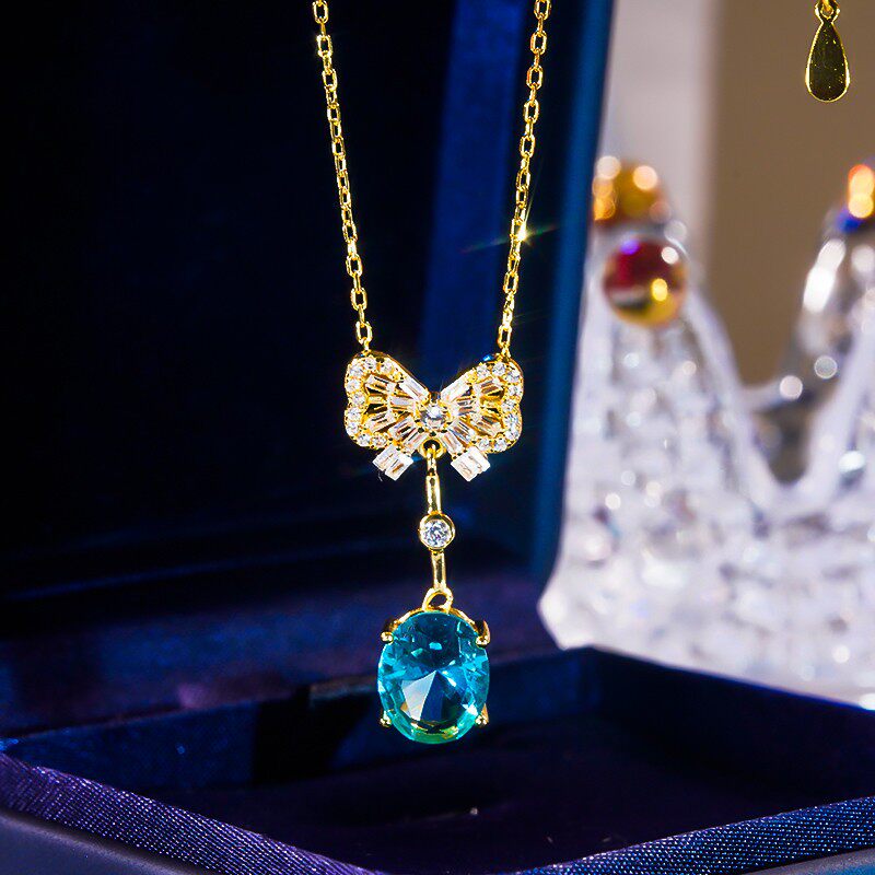 18K黄金蝴蝶结椭圆蓝宝石项链进口莫桑石银镀镶嵌不掉色锁骨链女