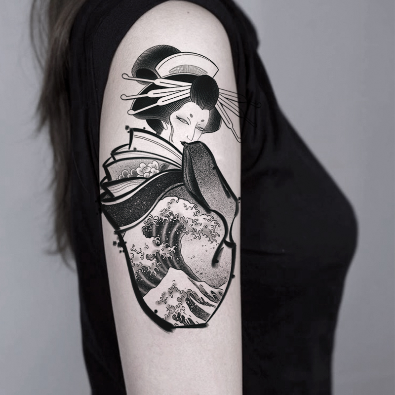 zingtattoo纹身贴纸个性暗黑日系浮世绘艺妓花臂防水女持久ins风