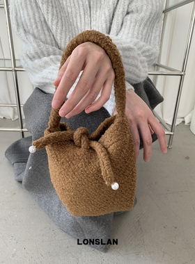 Lonslan BAG 2024秋冬新款可爱毛绒珍珠绑带手提包包手机包女