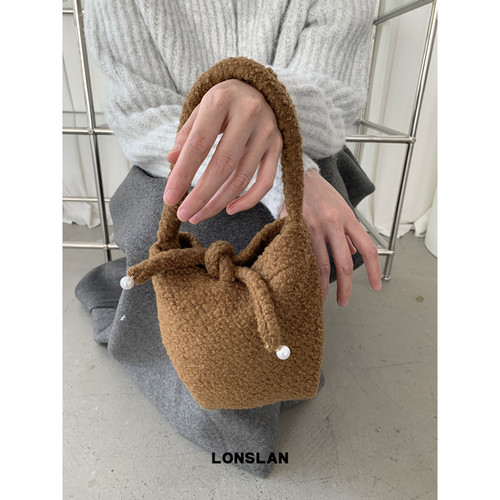 Lonslan BAG 2024秋冬新款可爱毛绒珍珠绑带手提包包手机包女