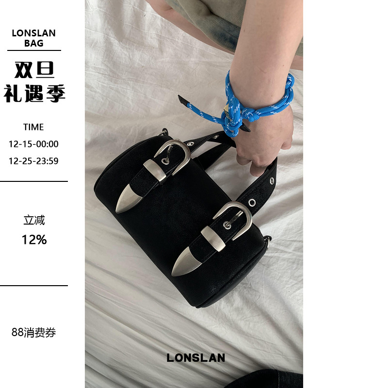 Lonslan BAG 2024小众设计真皮枕头包手提斜挎大容量百搭皮带扣包