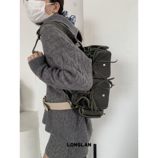 BAG Lonslan 24AW复古街头口袋皮质蝴蝶结抽绳大容量单肩手提包