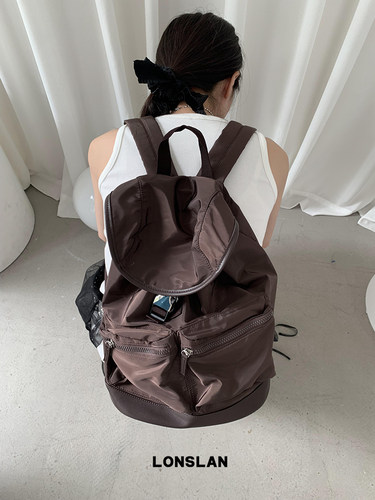 Lonslan BAG 2026棕色多口袋大容量双肩包包登山包运动风百搭包