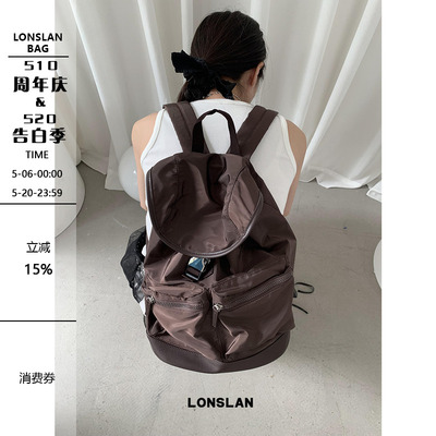 Lonslan BAG 2026棕色多口袋大容量双肩包包登山包运动风百搭包