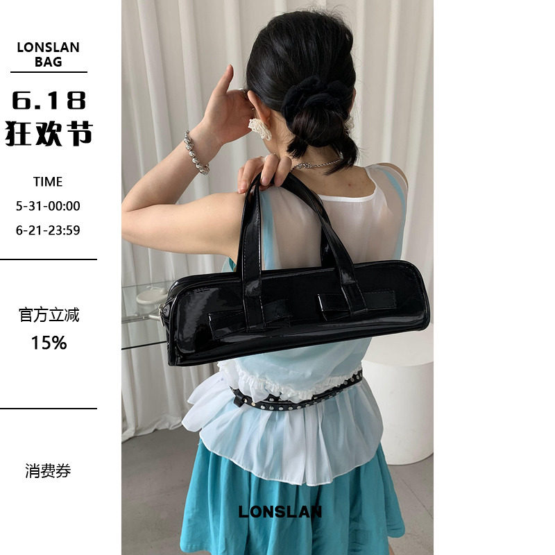Lonslan BAG 2024长款亮皮蝴蝶结黑白法棍包手拿斜挎包包甜酷女