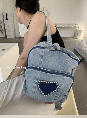 Lonslan BAG 23SUMER NEW浅蓝色洗水牛仔双肩包爱心镶钻复古背包