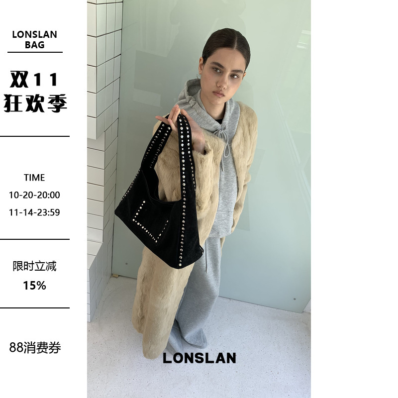 Lonslan BAG 2025 NEW 复古时尚简约铆钉点睛大容量通勤单肩包