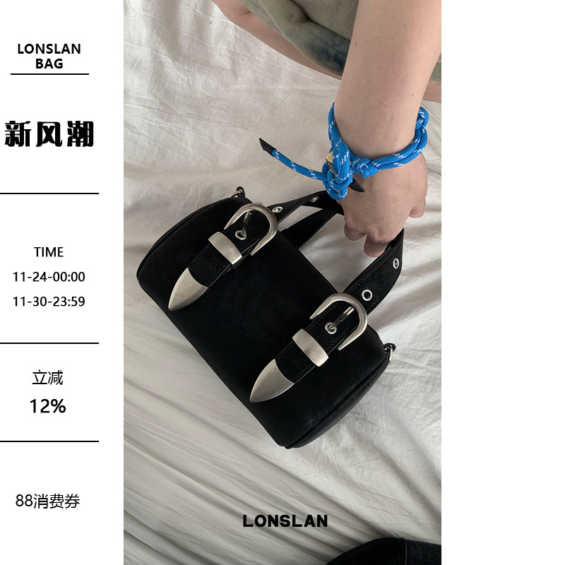 Lonslan BAG 2024小众设计真皮枕头包手提斜挎大容量百搭皮带扣包