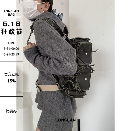 Lonslan BAG 24AW复古街头口袋皮质蝴蝶结抽绳大容量单肩手提包