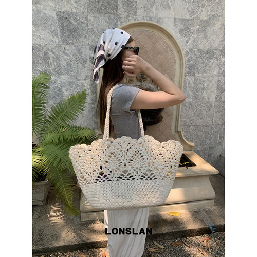 Lonslan BAG 2026春夏手工编织大容量蜡绳蕾丝边镂空大号包包