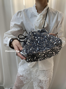 Lonslan BAG 2024春季新款闪闪亮片抽绳束口福袋单肩斜挎水桶包