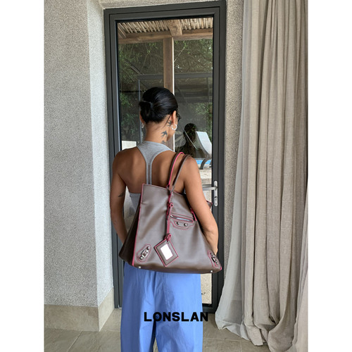Lonslan Bag 2026新款撞色软皮托特包百搭大容量机车铆钉包单肩包