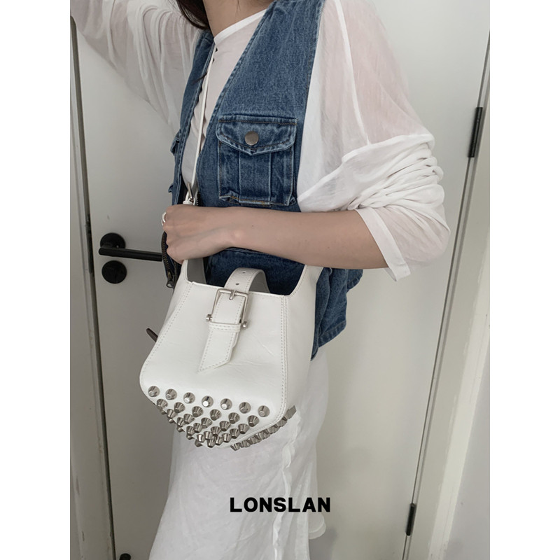 Lonslan BAG 2025设计感铆钉纽扣斜挎长肩带水桶包包