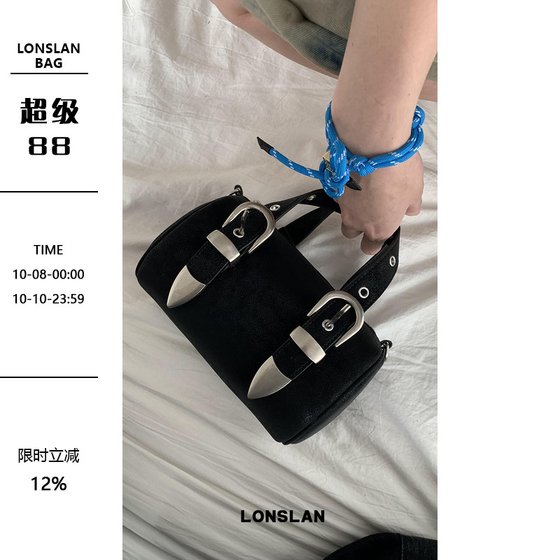 Lonslan BAG 2024小众设计真皮枕头包手提斜挎大容量百搭皮带扣包