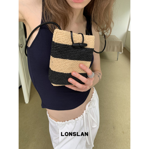 Lonslan BAG 2026春夏新款撞色条纹草编手机包单肩斜挎包