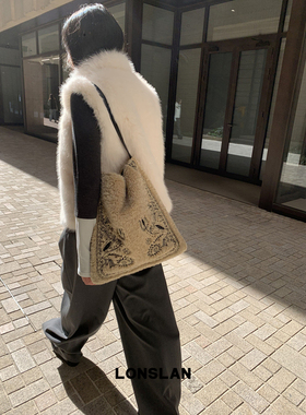 Lonslan BAG 2025 NEW  时尚复古毛绒花卉大容量通勤百搭单肩包