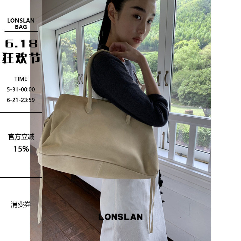 Lonslan BAG 2025NEW早秋磨砂牛皮休闲简约百搭多口袋手提托特包