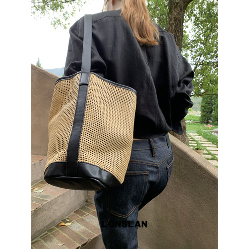 Lonslan Bag 2026新款设计感拼接撞色编织水桶包单肩菜篮子包包