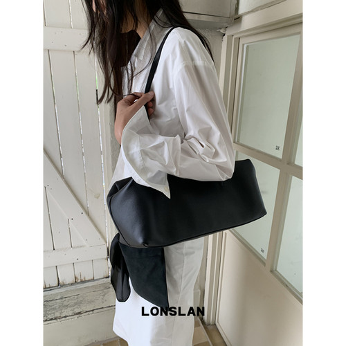 Lonslan Bag 26早秋简约黑色大容量波士顿真皮单肩包法棍包