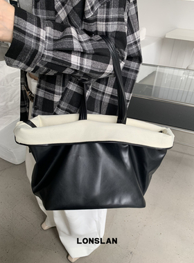 Lonslan BAG 2024秋冬新款黑色大容量翻面皮质单肩腋下包包