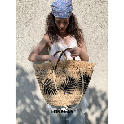 Lonslan BAG 2026春夏海边草编海岛度假叶子刺绣手提大容量包包