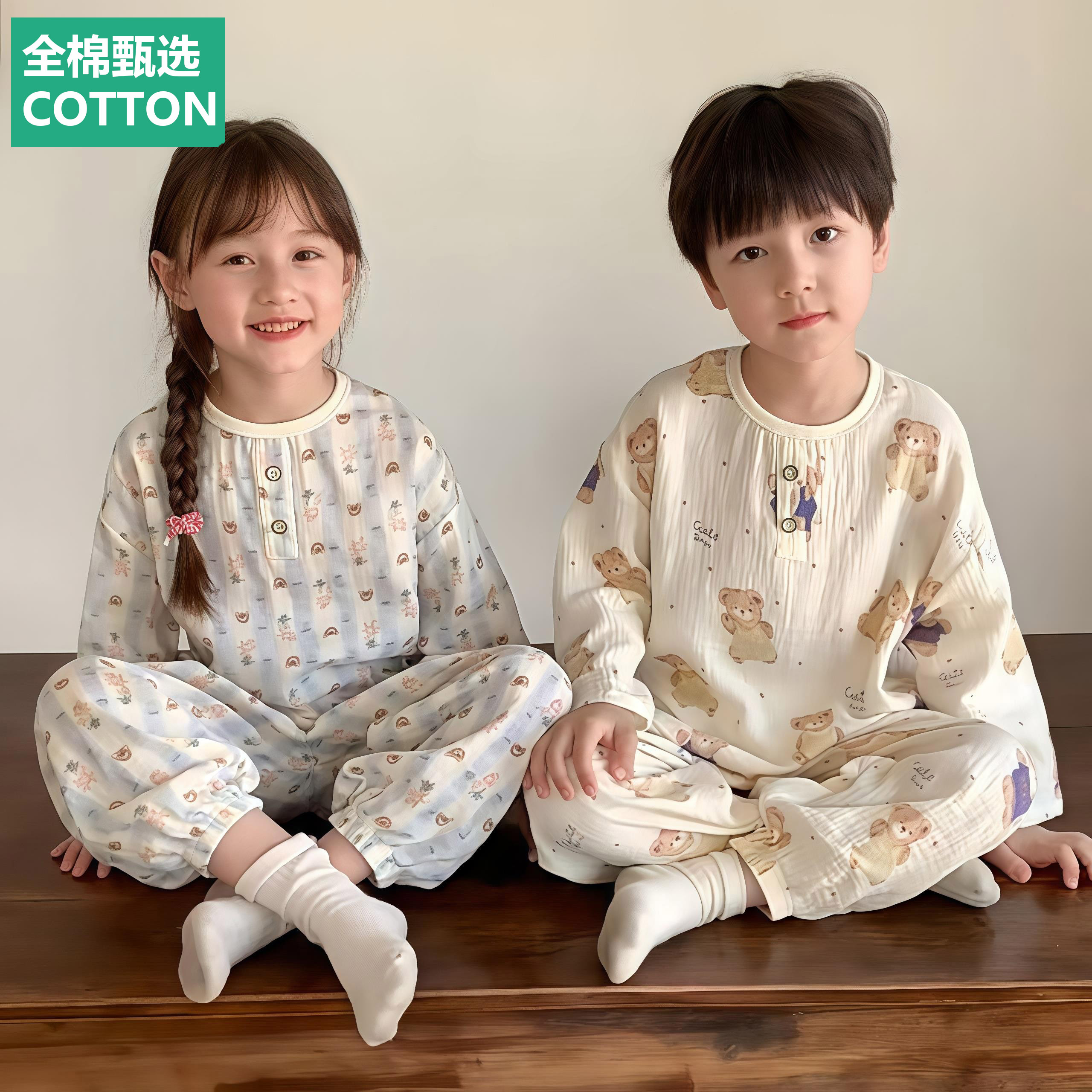 全棉母婴纯棉儿童睡衣套装纱布夏季春秋男童女宝宝宽松薄款长袖空